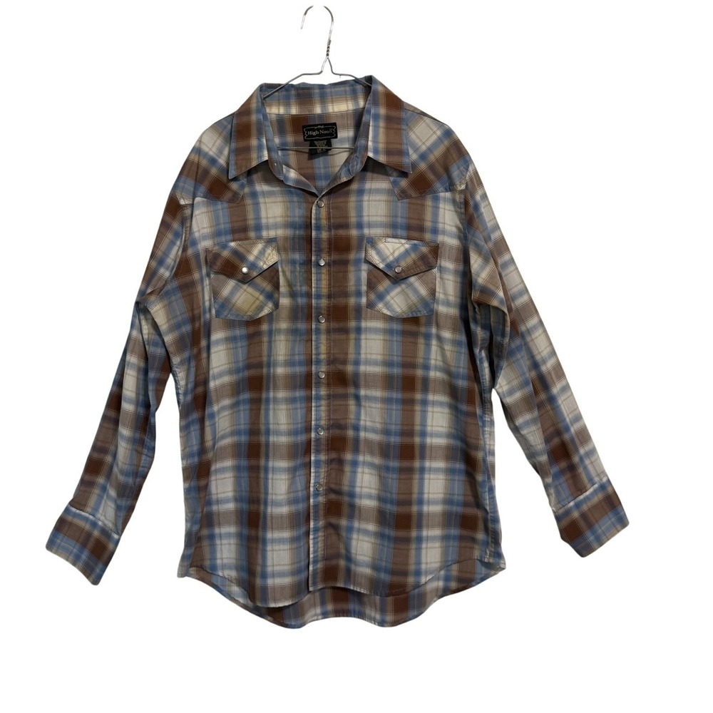 High Noon Western Pearl Snap Shirt Mens Large Brown Blue Plaid Long Sleeve Yoke